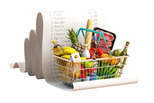 Cartoon of shopping basket full of produce on top of a giant folding receipt. 