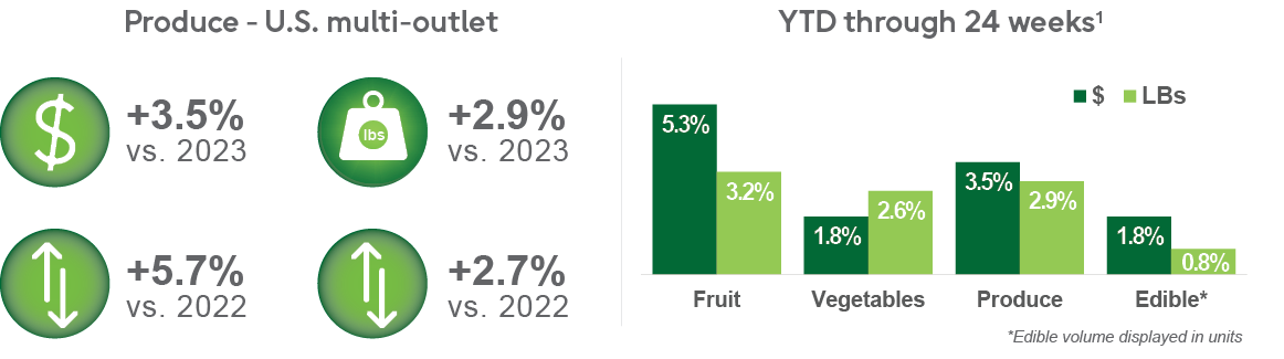 Bar graph with YTD through 24 weeks of fruit, vegetables, produce, and edible.