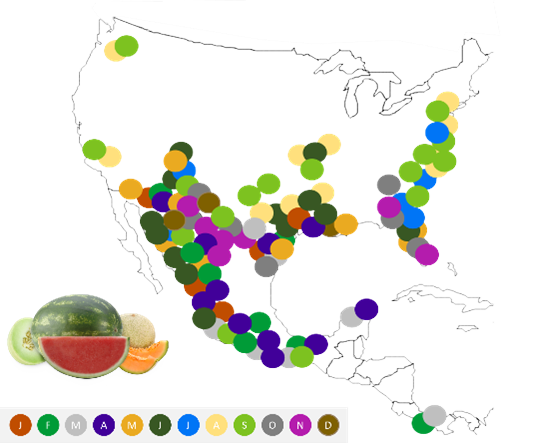 Map of the United States and Mexico with colorful circles in locations of melon suppliers.