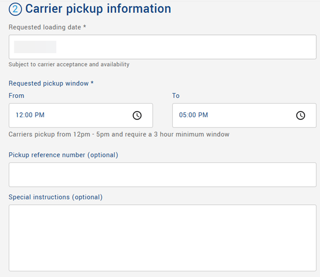How to book an LTL shipment | Step 10: Carrier pickup information