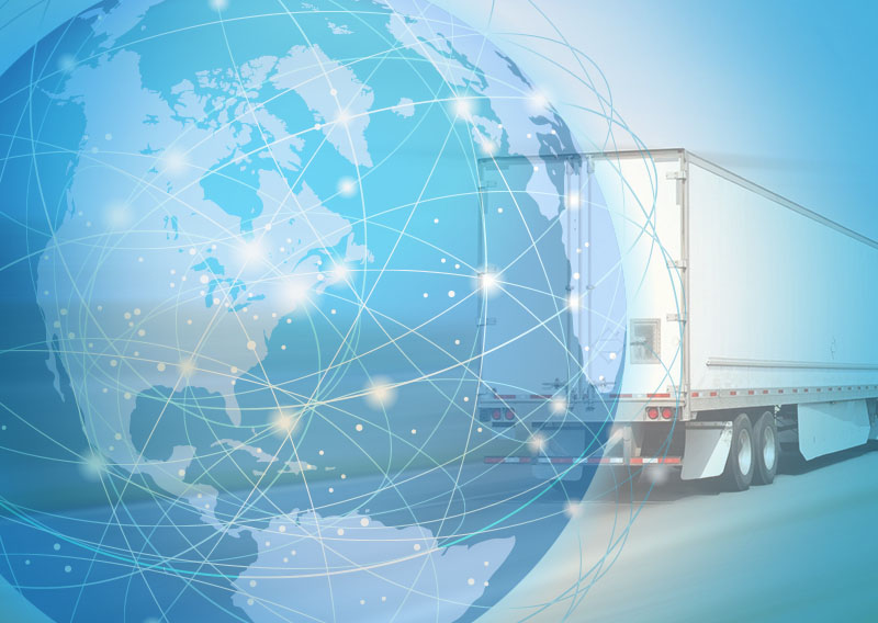 Stylized view of globe superimposed over truck depicting end-to-end visibility.