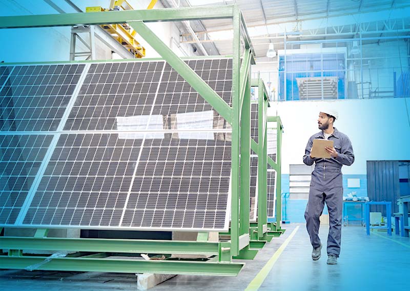 Warehouse employee inspecting solar panels.