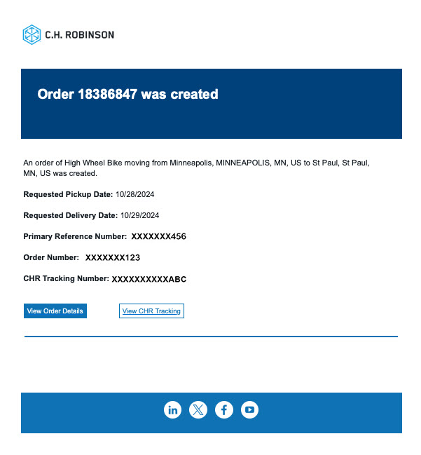 Real-time notifications so you can stay up-to-date on C.H. Robinson shipments across your supply chain.