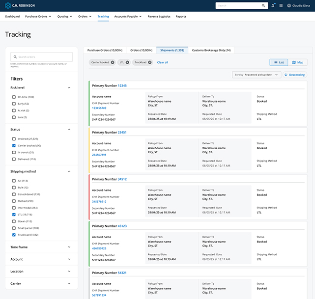 Navisphere advanced search for shipments C.H. Robinson carries