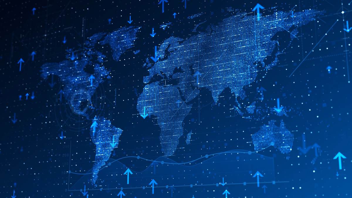 Abstract blue technology image of global map highlighting Item-level Solutions | C.H. Robinson